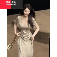 YIBUSHENG法式V领收腰显瘦垂坠感连衣裙2024新款女气质高级感裙子女长裙