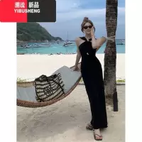 YIBUSHENG复古黑色气质挂脖连衣裙女装季2024新款收腰显瘦海边度假长裙子