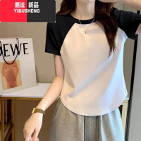 YIBUSHENG时尚插肩短袖t恤女装2024新款修身短款别致上衣设计感小众