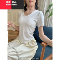 YIBUSHENG自制~显瘦天菜 温柔掐腰T恤季正肩显瘦V领修身短袖上衣女