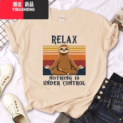 YIBUSHENGSloth T shirt 季女装时尚卡通树懒印花卡其色圆领短袖T恤女