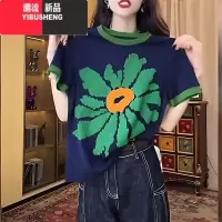 YIBUSHENG正肩T恤女花朵印花季短袖小衫2024新款大码宽松显瘦上衣服