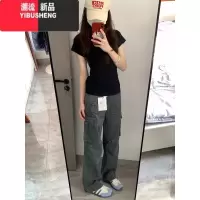 YIBUSHENG韩系黑色正肩圆领短袖t恤女2024新款季洋气独特别致收腰上衣服