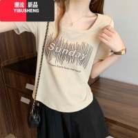 YIBUSHENG2024季新款微胖mm美式设计感显瘦方领上衣印花辣妹短袖大码T恤