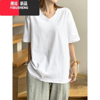 YIBUSHENG白色短袖t恤女v领宽松半袖纯色港味chic上衣大码胖mm显瘦季