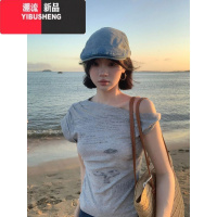 YIBUSHENG不规则斜肩短袖T恤女季2024新款设计感小众别致甜辣妹短款上衣