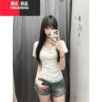 YIBUSHENG白色v领正肩短袖t恤女季2024新款纯欲辣妹修身短款半袖上衣