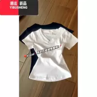 YIBUSHENG纯欲风V领蝴蝶印花短袖T恤女2024新款收腰修身显瘦正肩上衣