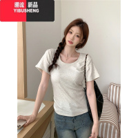 YIBUSHENG韩系基础款纯色短袖T恤女季辣妹设计感露锁骨修身显瘦正肩上衣