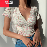 YIBUSHENG美式复古风碎花交叉v领修身短款露脐短袖T恤女上衣2024季新款潮