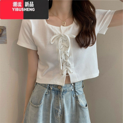 YIBUSHENG辣妹短款短袖t恤女季设计感小众绑带紧身显瘦高腰白色上衣ins潮