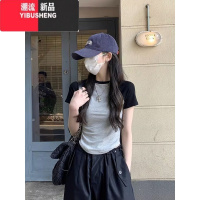 YIBUSHENG黑白拼接撞色t恤女美式辣妹小个子短上衣设计感ins修身正肩短袖