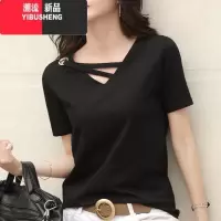 YIBUSHENG黑色短袖t恤女士2024新款宽松正肩显瘦v领设计感大码上衣镂空