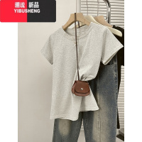 YIBUSHENG季圆领正肩t恤女短袖修身显瘦休闲百搭看灰色短款上衣