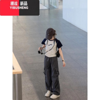 YIBUSHENG美式插肩圆领短袖小个子t恤女季修身显瘦辣妹撞色拼接短款上衣
