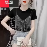 YIBUSHENG重工烫钻短袖t恤女季时髦时尚圆领洋气百搭小众打底衫上衣薄款