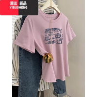 YIBUSHENG圆领短袖T恤女士2024季新款港味印chic花修身百搭正肩气质上衣
