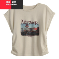 YIBUSHENG无袖坎肩t恤女季04新款修身印花打底衫设计感褶皱短上衣