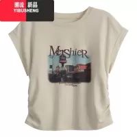 YIBUSHENG无袖坎肩t恤女季04新款修身印花打底衫设计感褶皱短上衣