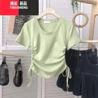 YIBUSHENG双侧边系带褶皱感短袖T恤女2024季新款修身韩版小个子短款上衣