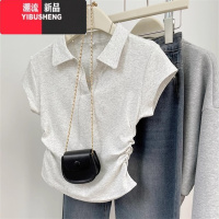 YIBUSHENGPolo领正肩短袖T恤女2024季新款百搭显瘦收腰褶皱V领短款上衣衫