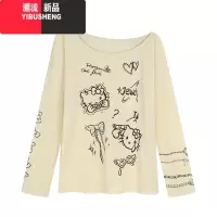 YIBUSHENG慵懒黄色kitty长袖T恤女季设计感小众露肩宽松薄款防晒罩衫上衣