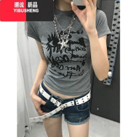 YIBUSHENG美式复古正肩涂鸦印花短袖t恤女季修身显瘦短款紧身甜辣妹上衣
