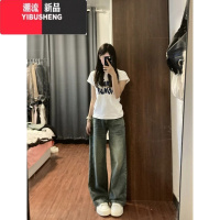 YIBUSHENG美式复古字母白色正肩短袖T恤女季设计感小众显瘦辣妹掐腰上衣