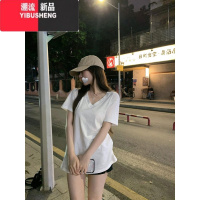 YIBUSHENGV领白色正肩短袖t恤女2024季宽松大领口慵懒风百搭休闲上衣