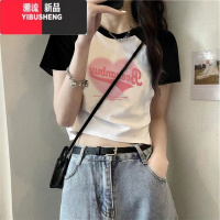 YIBUSHENG粉色正肩短袖T恤季多巴胺女孩穿搭甜酷辣妹小个子紧身短款上衣