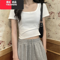 YIBUSHENG方领t恤短袖2024新款女季短款正肩修身chic上衣辣妹风ins潮