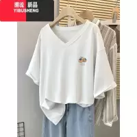 YIBUSHENG正肩短袖t恤女2024新款季设计感小众大码宽松半袖V领上衣服