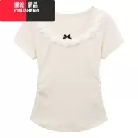 YIBUSHENG纯欲蕾丝花边蝴蝶结短袖T恤女季2024新款辣妹褶皱修身短款上衣