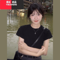 YIBUSHENG美式复古黑色正肩短袖t恤女季2024新款辣妹短款上衣设计感小众