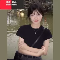 YIBUSHENG美式复古黑色正肩短袖t恤女季2024新款辣妹短款上衣设计感小众