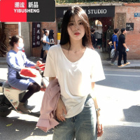 YIBUSHENG白色正肩短袖t恤女季2024年新款打底衫宽松显瘦别致V领法式上衣