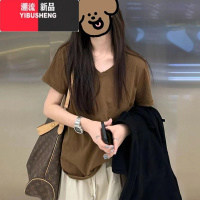 YIBUSHENG美式复古正肩V领纯色短袖T恤女港味chic宽松显瘦半袖体恤上衣服