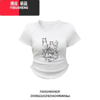 YIBUSHENG小众美式短袖正肩t恤女季2024新款显瘦修身甜辣妹短款掐腰上衣