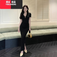 YIBUSHENG黑色性感v领短袖连衣裙女季法式高级气质修身开叉长裙