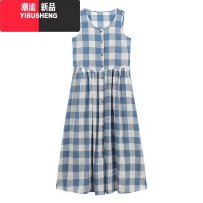 YIBUSHENG复古格子无袖背心连衣裙女季2024新款慵懒风休闲显瘦A字长裙ins