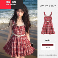 YIBUSHENG法式复古芭蕾风蕾丝拼接收腰红色格子吊带裙女甜辣妹小个子连衣裙