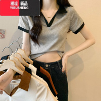 YIBUSHENGV领正肩短袖t恤女2024季新款Polo领设计感小众修身短款甜辣上衣
