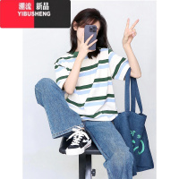 YIBUSHENG潮牌美式复古条纹正肩短袖t恤女季2024新款设计感小众大版上衣