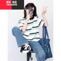 YIBUSHENG潮牌美式复古条纹正肩短袖t恤女季2024新款设计感小众大版上衣