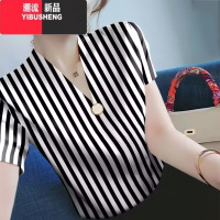 YIBUSHENG冰丝短袖t恤女士季新款洋气v领打底衫时尚条纹中年妈妈修身上衣