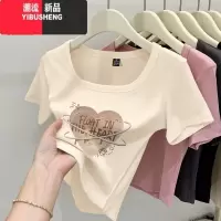 YIBUSHENG新款u领短袖t恤女季2024新款正肩修身方领内搭短款上衣