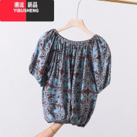YIBUSHENG棉绸t恤衫女短袖天新款大码宽松泡泡袖百搭一字肩人造棉上衣薄