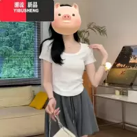 YIBUSHENG正肩修身短袖女t恤季2024新款甜辣小众别致独特绝美小上衣短款