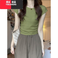 YIBUSHENG牛油果绿正肩短袖t恤女季2024新款体恤显瘦高腰别致短款小上衣