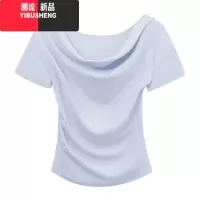 YIBUSHENG甜辣法式气质一字肩短袖T恤女季2024新款褶皱修身显瘦短款上衣